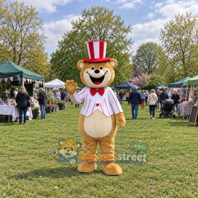 Brown Bear Mascot Costume with Striped Jacket and Striped Top Hat