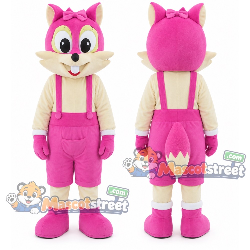 Pink Fox Mascot Costume with Pink Overalls Pink Fox Mascot Costume with Pink Overalls