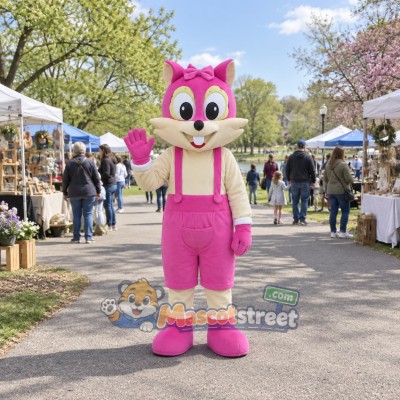 Pink Fox Mascot Costume with Pink Overalls Pink Fox Mascot Costume with Pink Overalls