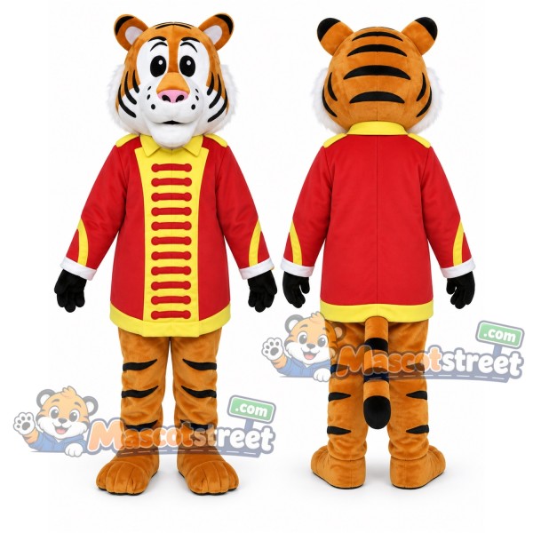 Orange Tiger Mascot Costume with Red Ringmaster Coat