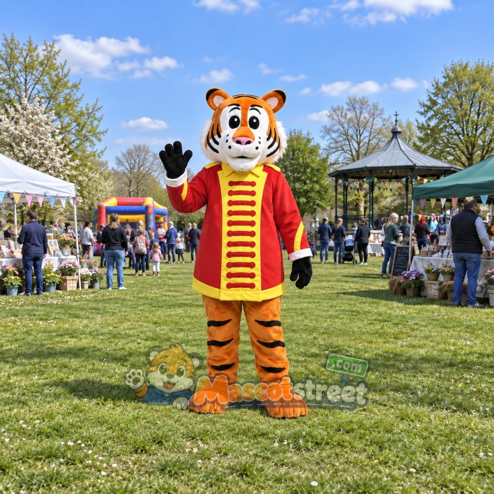 Orange Tiger Mascot Costume with Red Ringmaster Coat