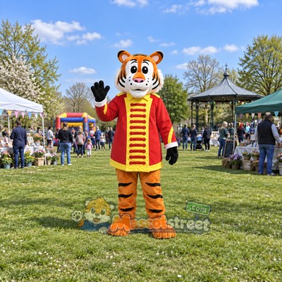 Orange Tiger Mascot Costume with Red Ringmaster Coat