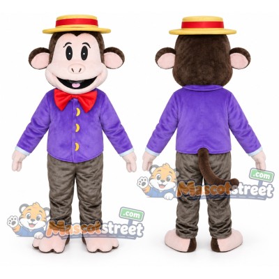 Brown Monkey Mascot Costume with Purple Blazer and Straw Hat
