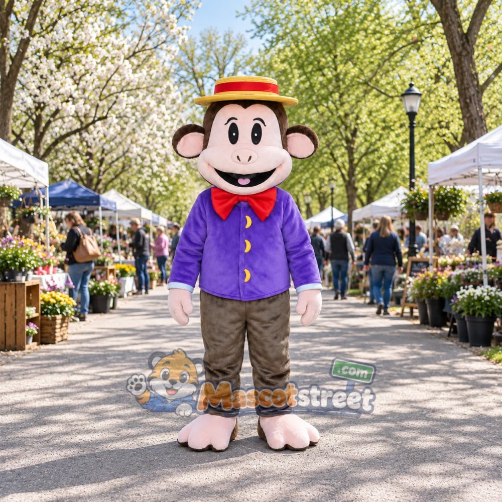 Brown Monkey Mascot Costume with Purple Blazer and Straw Hat