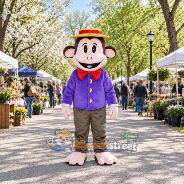 Brown Monkey Mascot Costume with Purple Blazer and Straw Hat