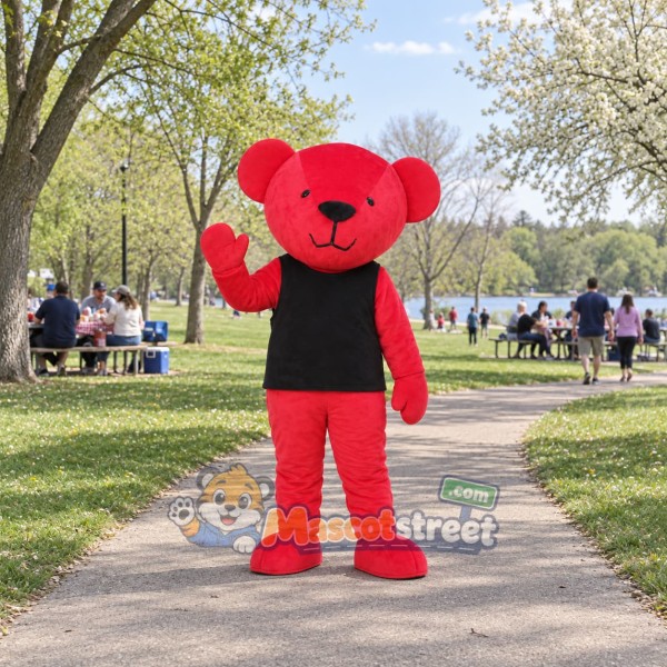 Red Bear Mascot Costume with Black Vest