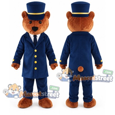 Brown Bear Mascot Costume with Navy Uniform and Top Hat Brown Bear Mascot Costume with Navy Uniform and Top Hat