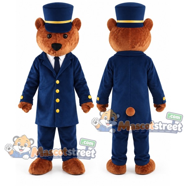 Brown Bear Mascot Costume with Navy Uniform and Top Hat