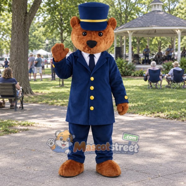 Brown Bear Mascot Costume with Navy Uniform and Top Hat