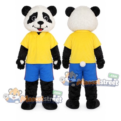 Panda Mascot Costume with Yellow Shirt and Blue Shorts