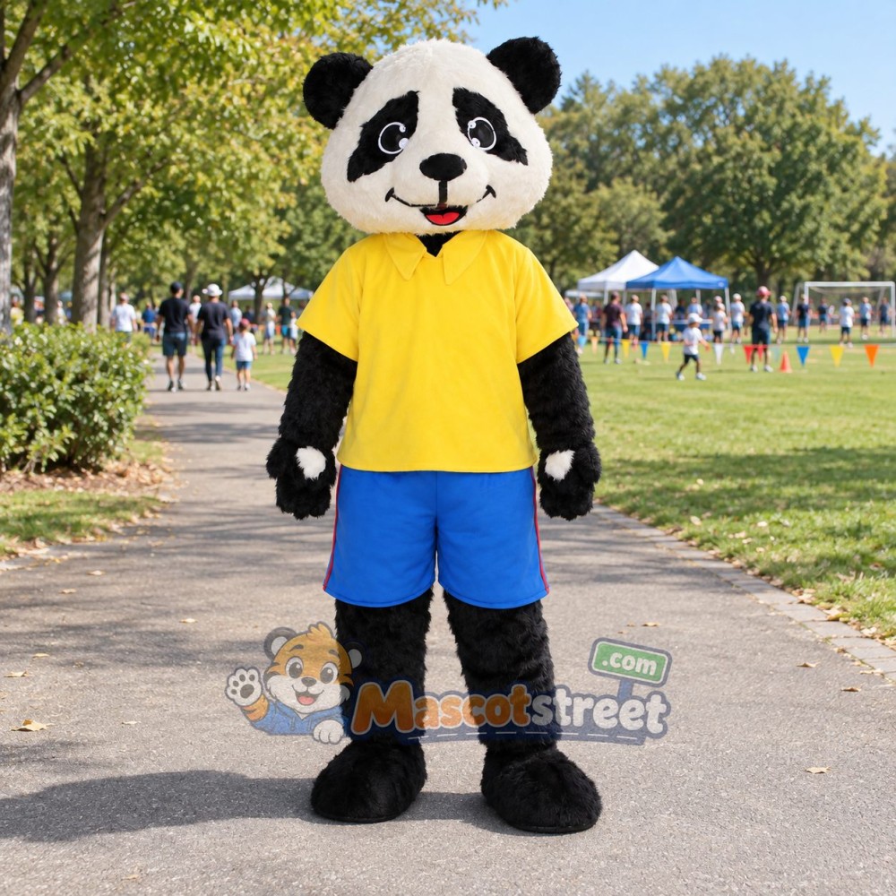 Panda Mascot Costume with Yellow Shirt and Blue Shorts Panda Mascot Costume with Yellow Shirt and Blue Shorts
