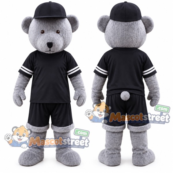 Gray Bear Mascot Costume with Black Sports Uniform and Black Cap
