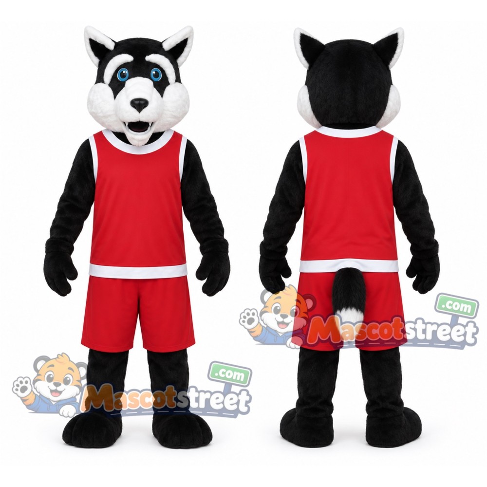 Black and White Wolf Mascot Costume with Red Sports Uniform Black and White Wolf Mascot Costume with Red Sports Uniform