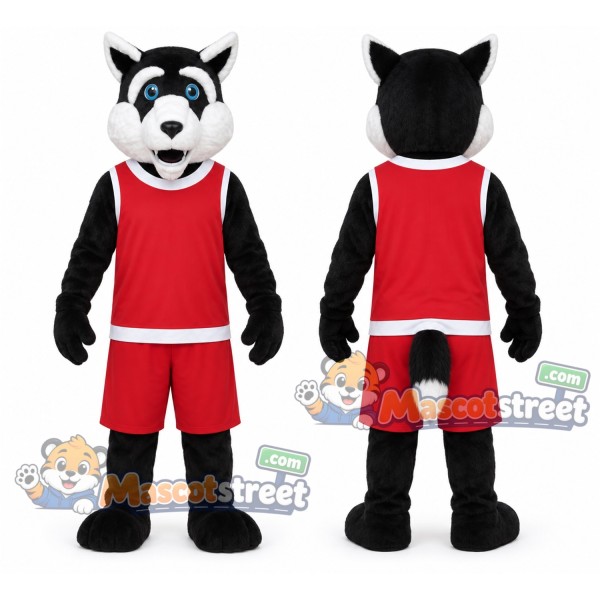 Black and White Wolf Mascot Costume with Red Sports Uniform