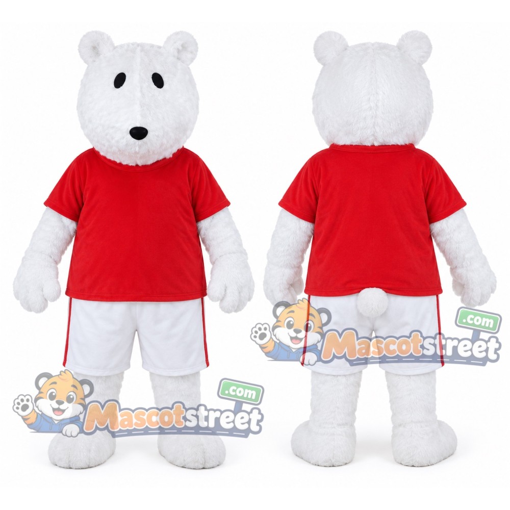 White Bear Mascot Costume with Red Shirt and White Trousers