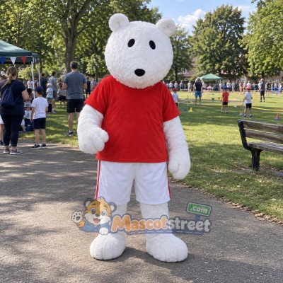 White Bear Mascot Costume with Red Shirt and White Trousers