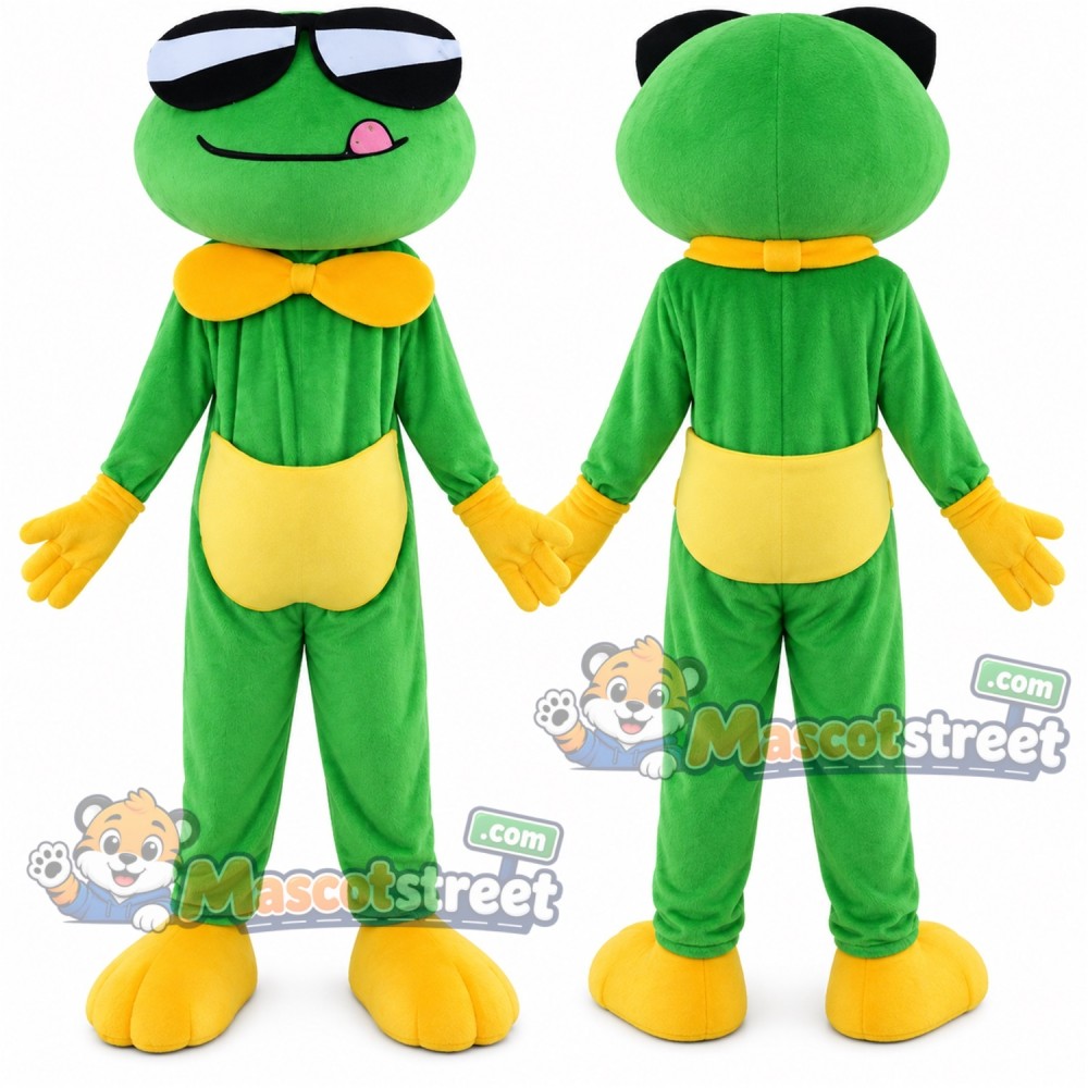 Green Frog Mascot Costume with Yellow Bow Tie and Sunglasses