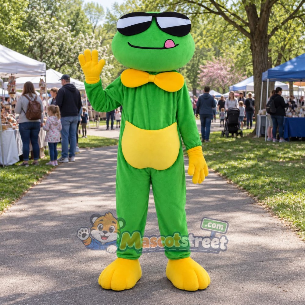 Green Frog Mascot Costume with Yellow Bow Tie and Sunglasses