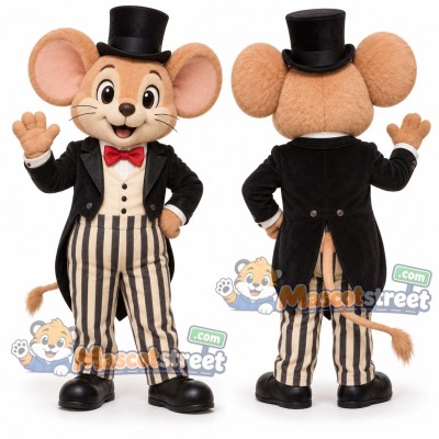 Tan Mouse Mascot Costume with Black Tailcoat, Striped Trousers and Top Hat