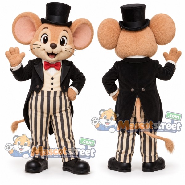 Tan Mouse Mascot Costume with Black Tailcoat, Striped Trousers and Top Hat