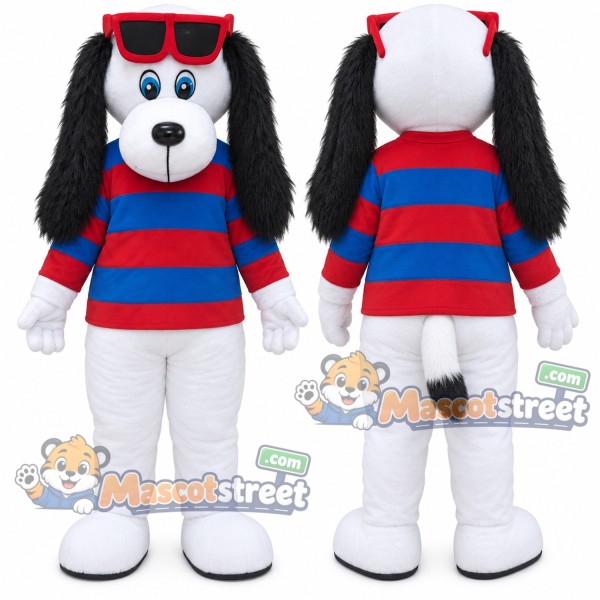 White and Black Dog Mascot Costume with Red and Blue Striped Shirt and Sunglasses