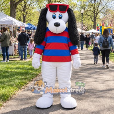 White and Black Dog Mascot Costume with Red and Blue Striped Shirt and Sunglasses White and Black Dog Mascot Costume with Red and Blue Striped Shirt and Sunglasses