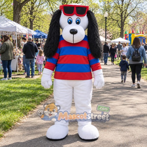 White and Black Dog Mascot Costume with Red and Blue Striped Shirt and Sunglasses