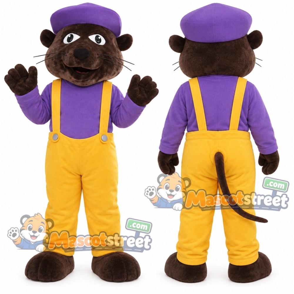 Brown Mouse Mascot Costume with Purple Shirt, Yellow Overalls and Purple Cap