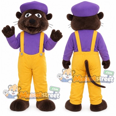 Brown Mouse Mascot Costume with Purple Shirt, Yellow Overalls and Purple Cap