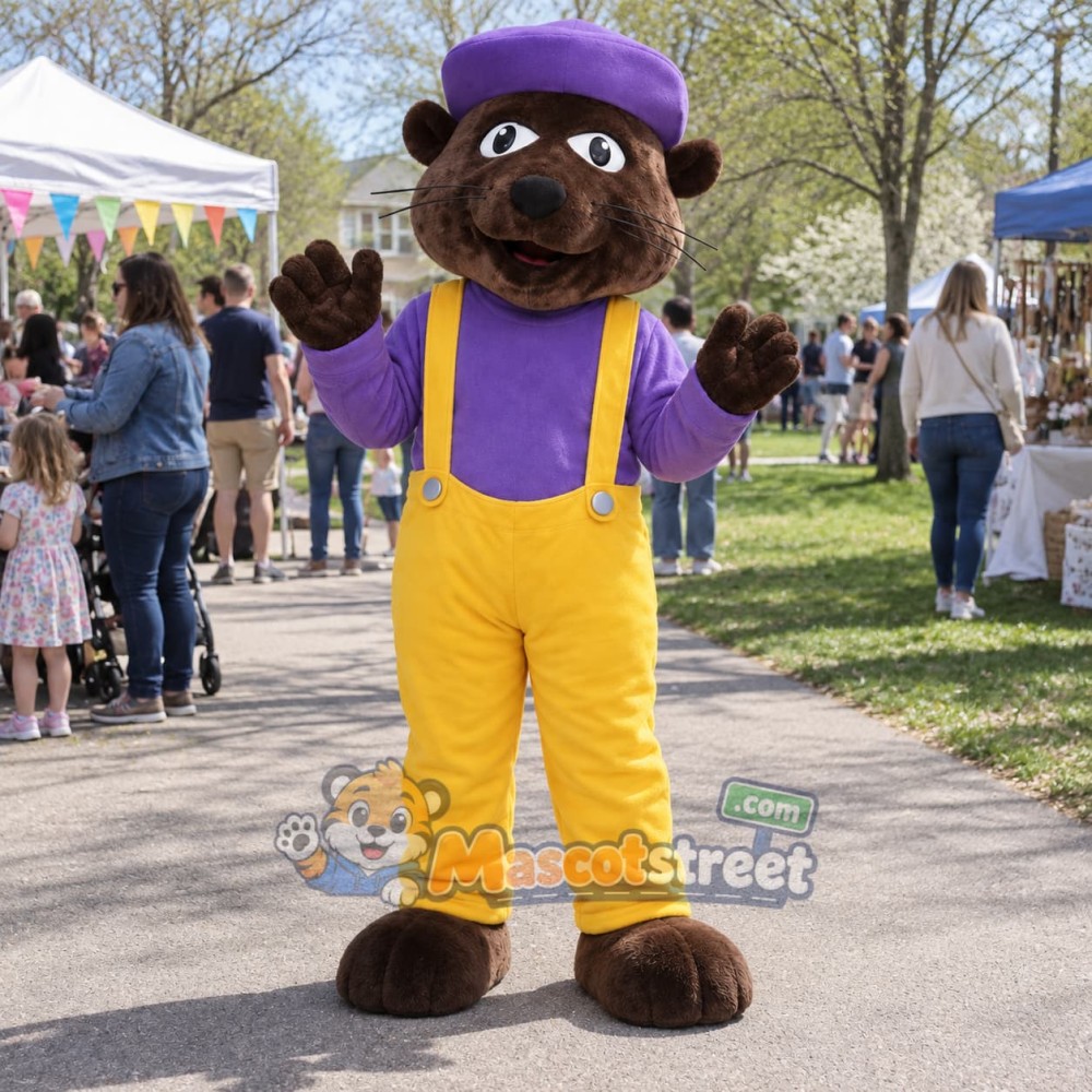Brown Mouse Mascot Costume with Purple Shirt, Yellow Overalls and Purple Cap
