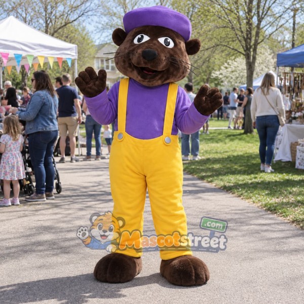 Brown Mouse Mascot Costume with Purple Shirt, Yellow Overalls and Purple Cap