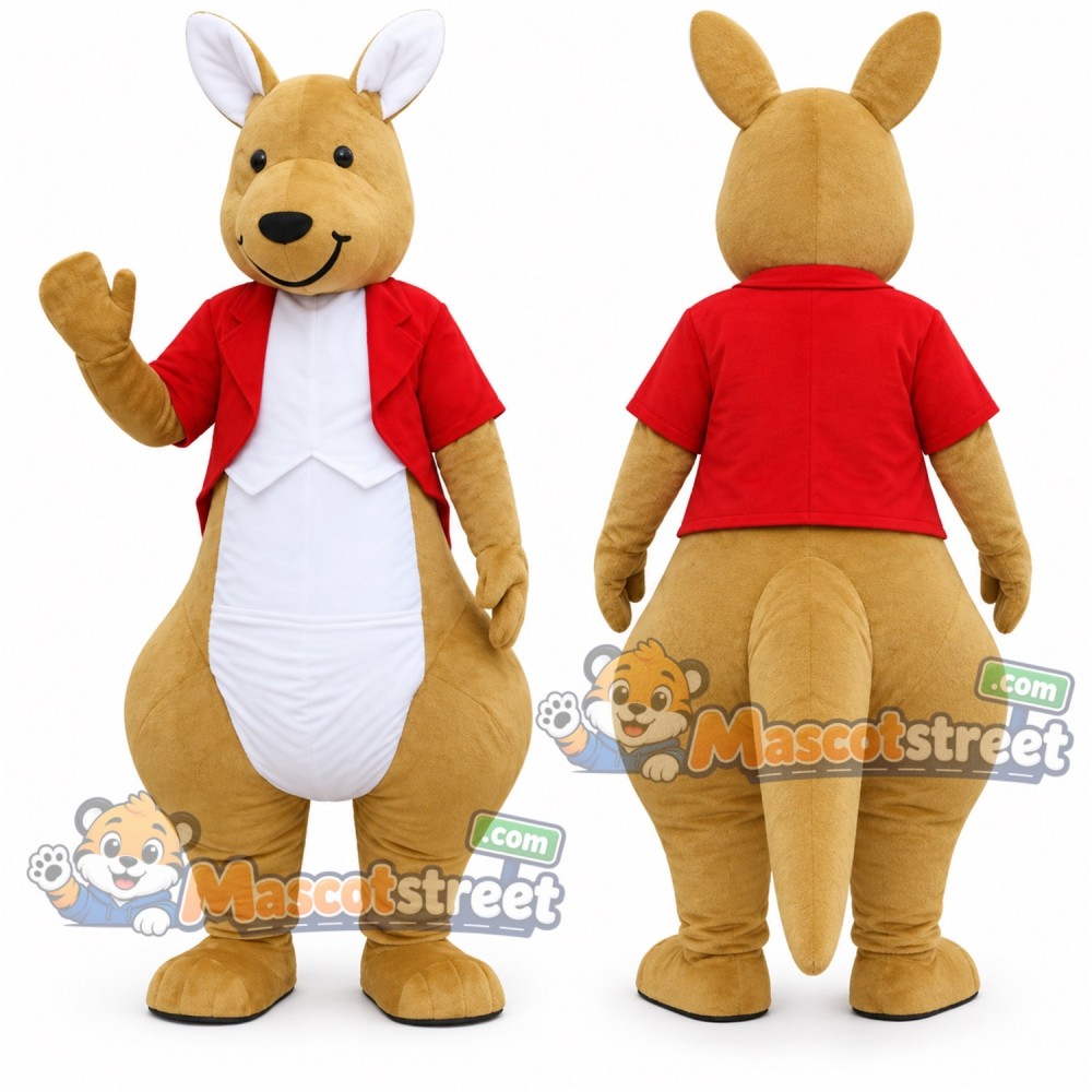Tan Kangaroo Mascot Costume with Red Jacket