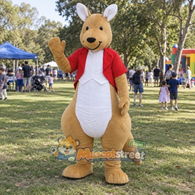 Tan Kangaroo Mascot Costume with Red Jacket