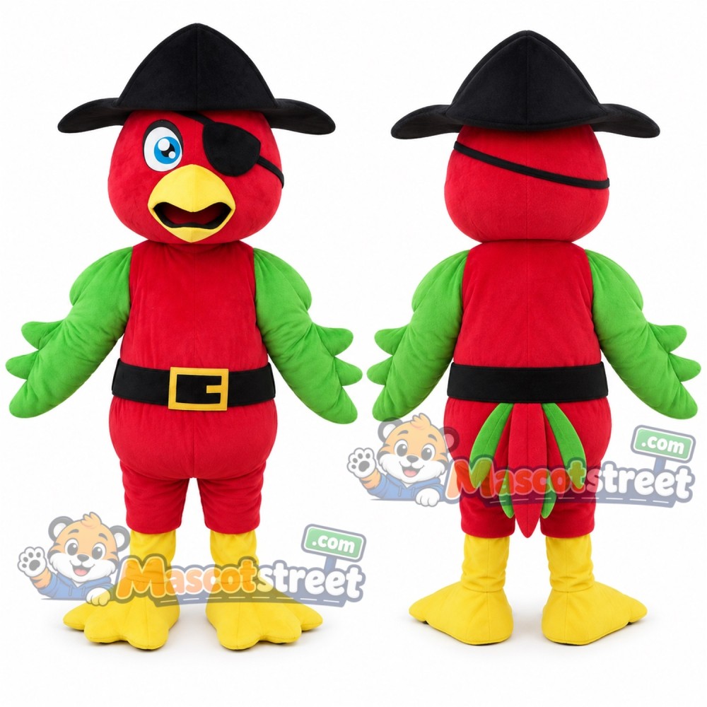 Red Parrot Mascot Costume with Black Pirate Hat and Belt Red Parrot Mascot Costume with Black Pirate Hat and Belt