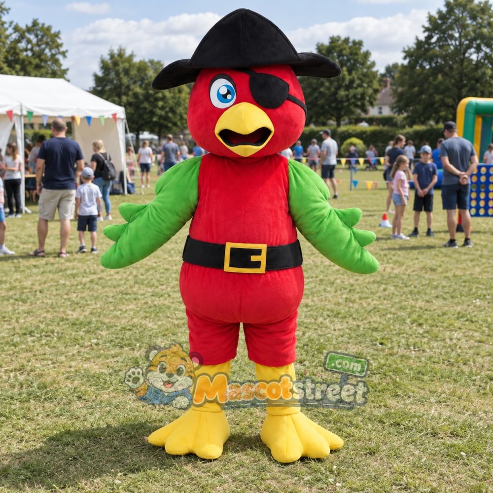 Red Parrot Mascot Costume with Black Pirate Hat and Belt Red Parrot Mascot Costume with Black Pirate Hat and Belt