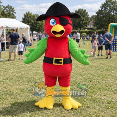 Red Parrot Mascot Costume with Black Pirate Hat and Belt Red Parrot Mascot Costume with Black Pirate Hat and Belt