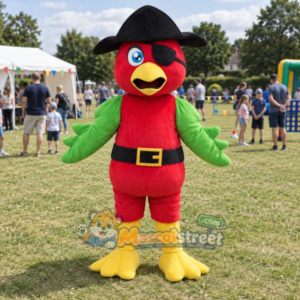 Red Parrot Mascot Costume with Black Pirate Hat and Belt