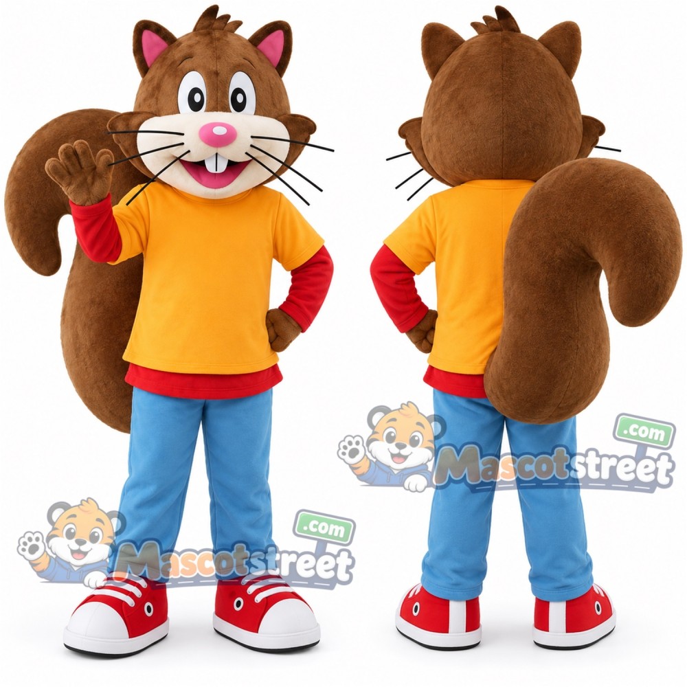 Brown Squirrel Mascot Costume with Yellow Shirt and Blue Trousers Brown Squirrel Mascot Costume with Yellow Shirt and Blue Trousers