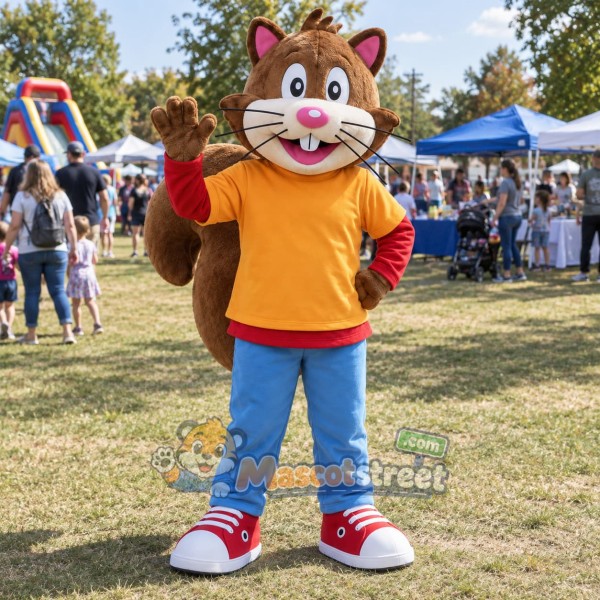 Brown Squirrel Mascot Costume with Yellow Shirt and Blue Trousers
