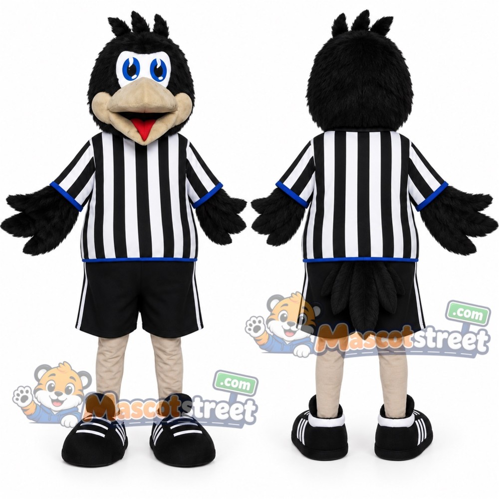 Black Bird Mascot Costume with Referee Shirt and Black Shorts Black Bird Mascot Costume with Referee Shirt and Black Shorts