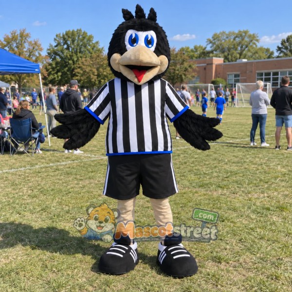 Black Bird Mascot Costume with Referee Shirt and Black Shorts