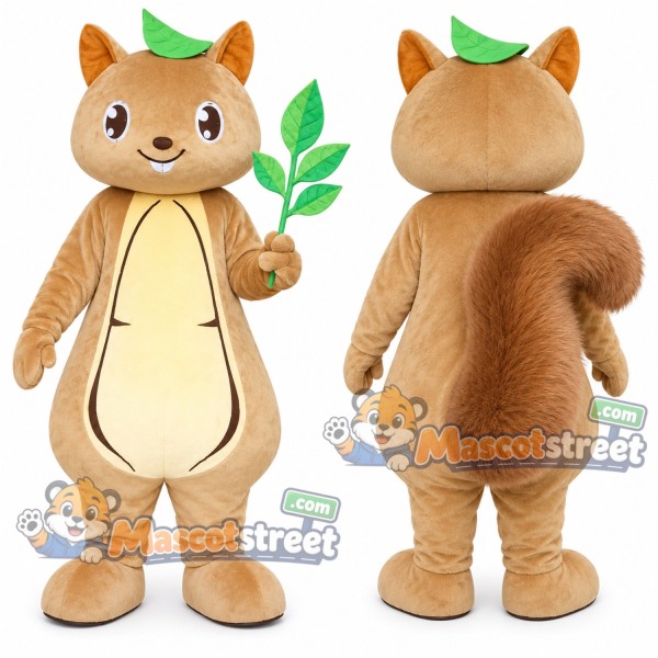 Brown Squirrel Mascot Costume with Green Leaf Hat