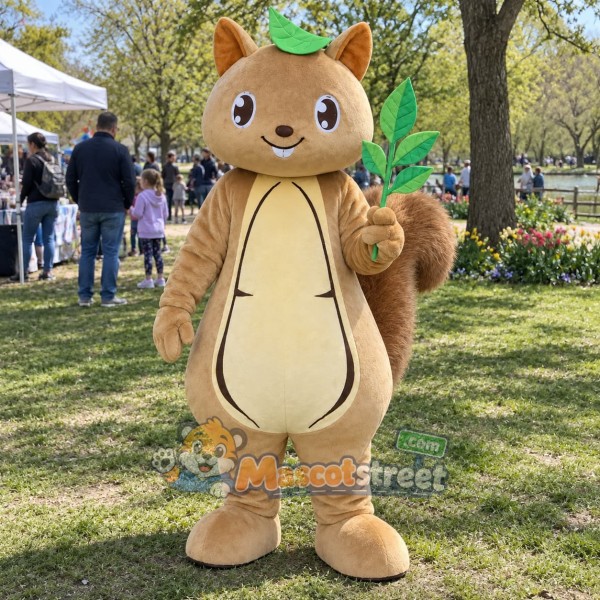 Brown Squirrel Mascot Costume with Green Leaf Hat
