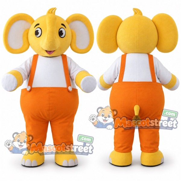 Yellow Elephant Mascot Costume with Orange Overalls and White Shirt