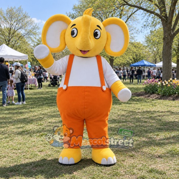 Yellow Elephant Mascot Costume with Orange Overalls and White Shirt