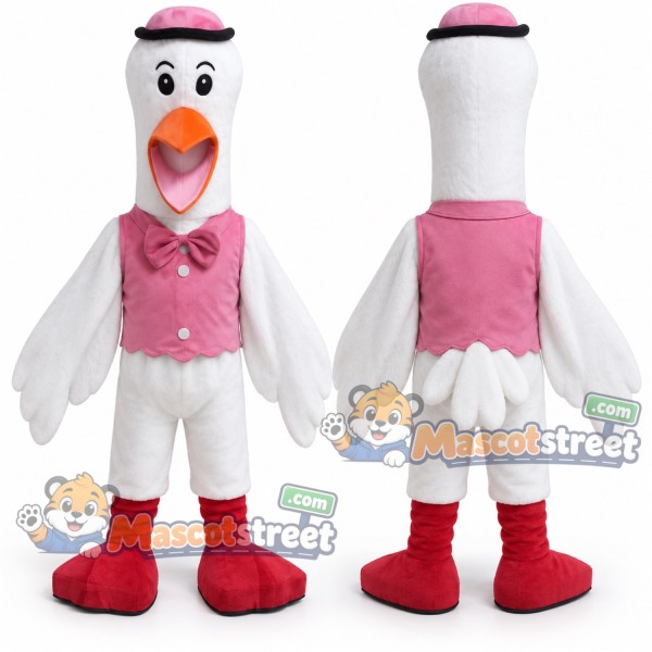 White Crane Mascot Costume with Pink Vest and Hat
