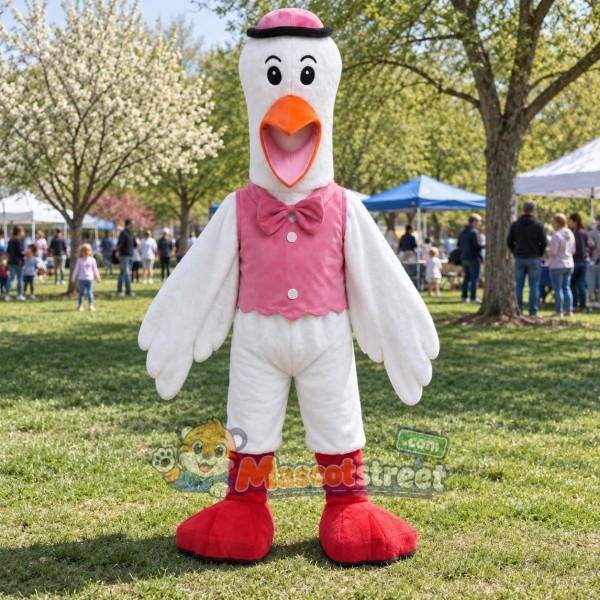 White Crane Mascot Costume with Pink Vest and Hat
