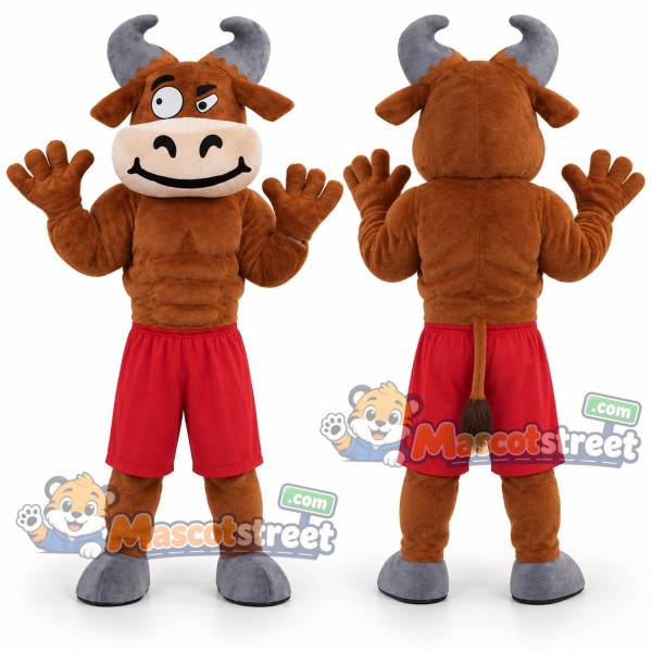 Brown Bull Mascot Costume with Red Shorts