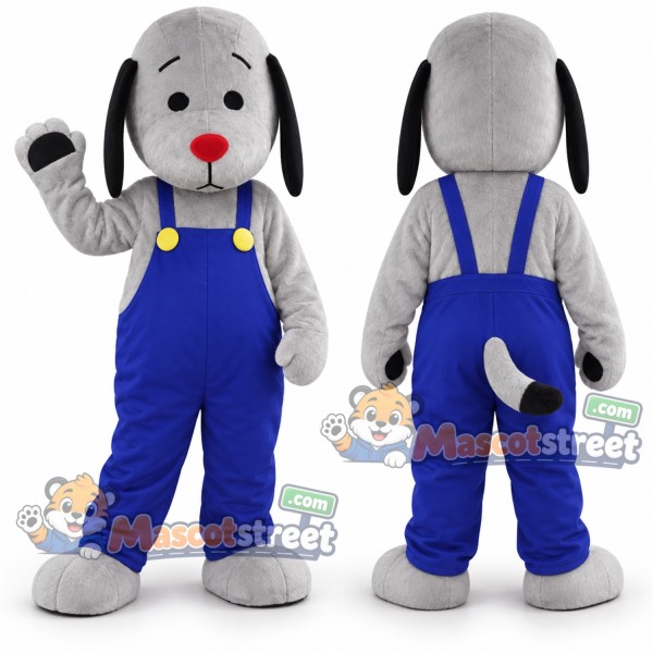 Gray Dog Mascot Costume with Blue Overalls