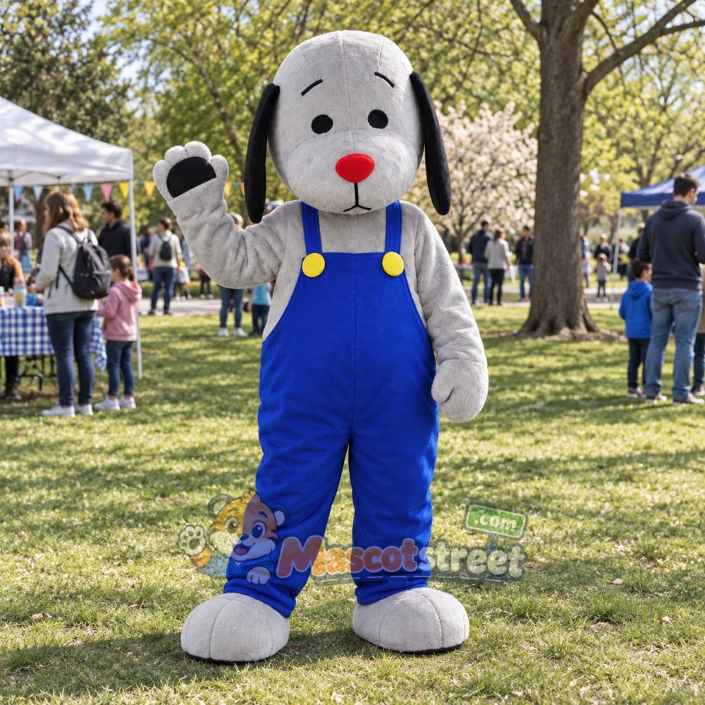 Gray Dog Mascot Costume with Blue Overalls Gray Dog Mascot Costume with Blue Overalls
